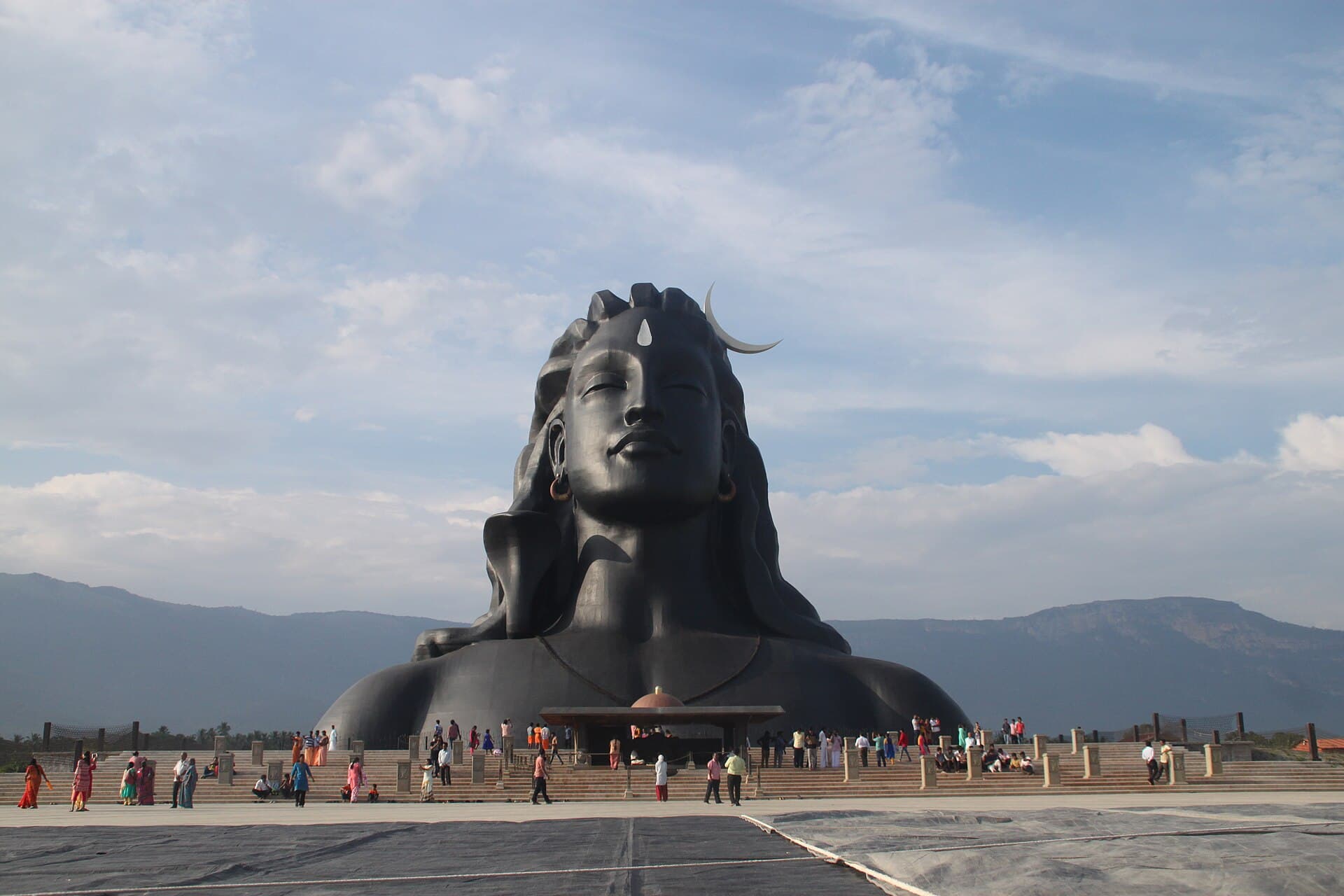 The Adiyogi Shiva statue at the Isha Yoga Centre near Coimbatore, with hills behind it