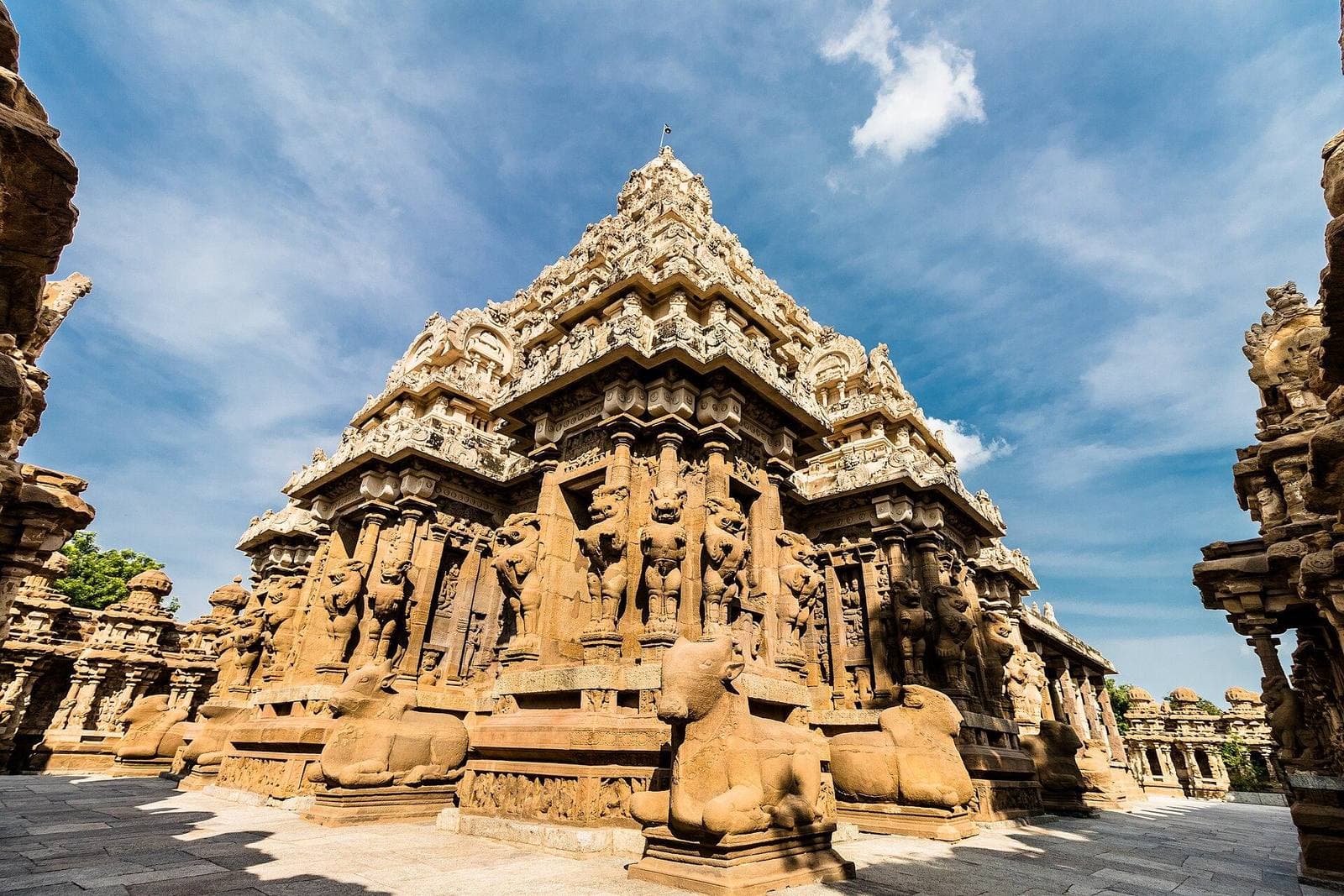 Carved stone towers at the Kailasanathar Temple, Kanchipuram